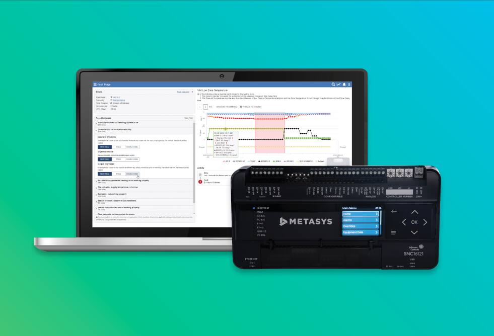 Laptop showing Metasys user interface next to Metasys network engine.