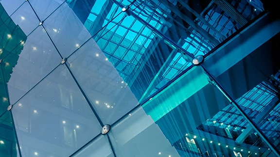 Close-up of the facade of a glass building