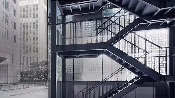 A stairwell of a building at a street