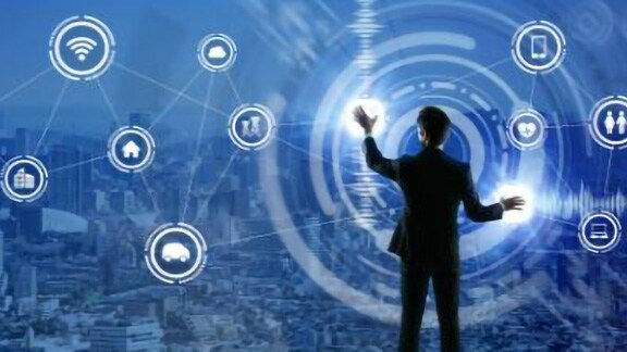 A man using a smart screen with an overlay of digital communication icons