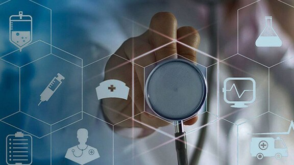 A blur image of a doctor holding stethoscope is shown as a part of hexagonal  grid filled with icons related to medical industry